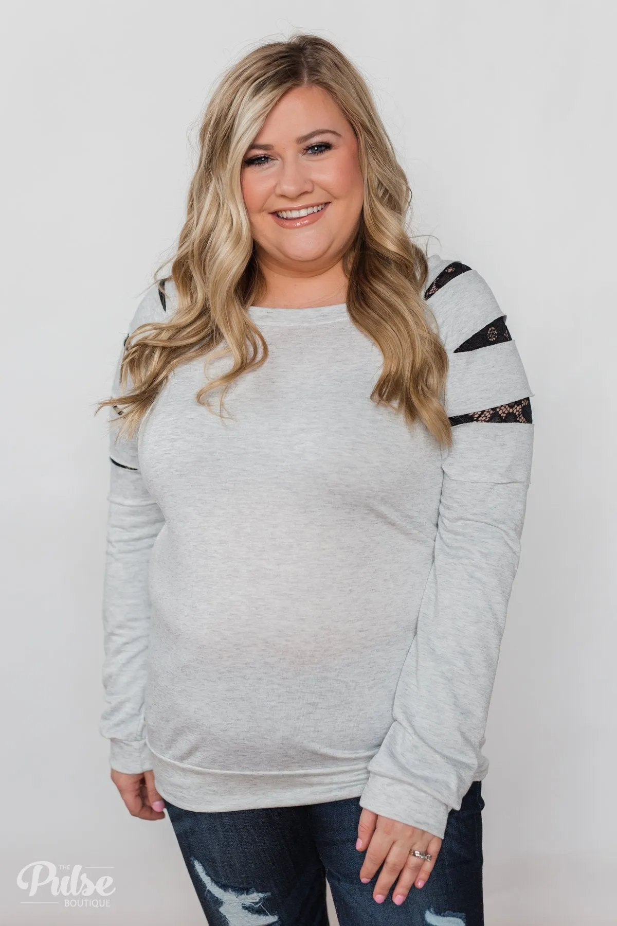 At First Glance Pullover Lace Detail Top- Grey