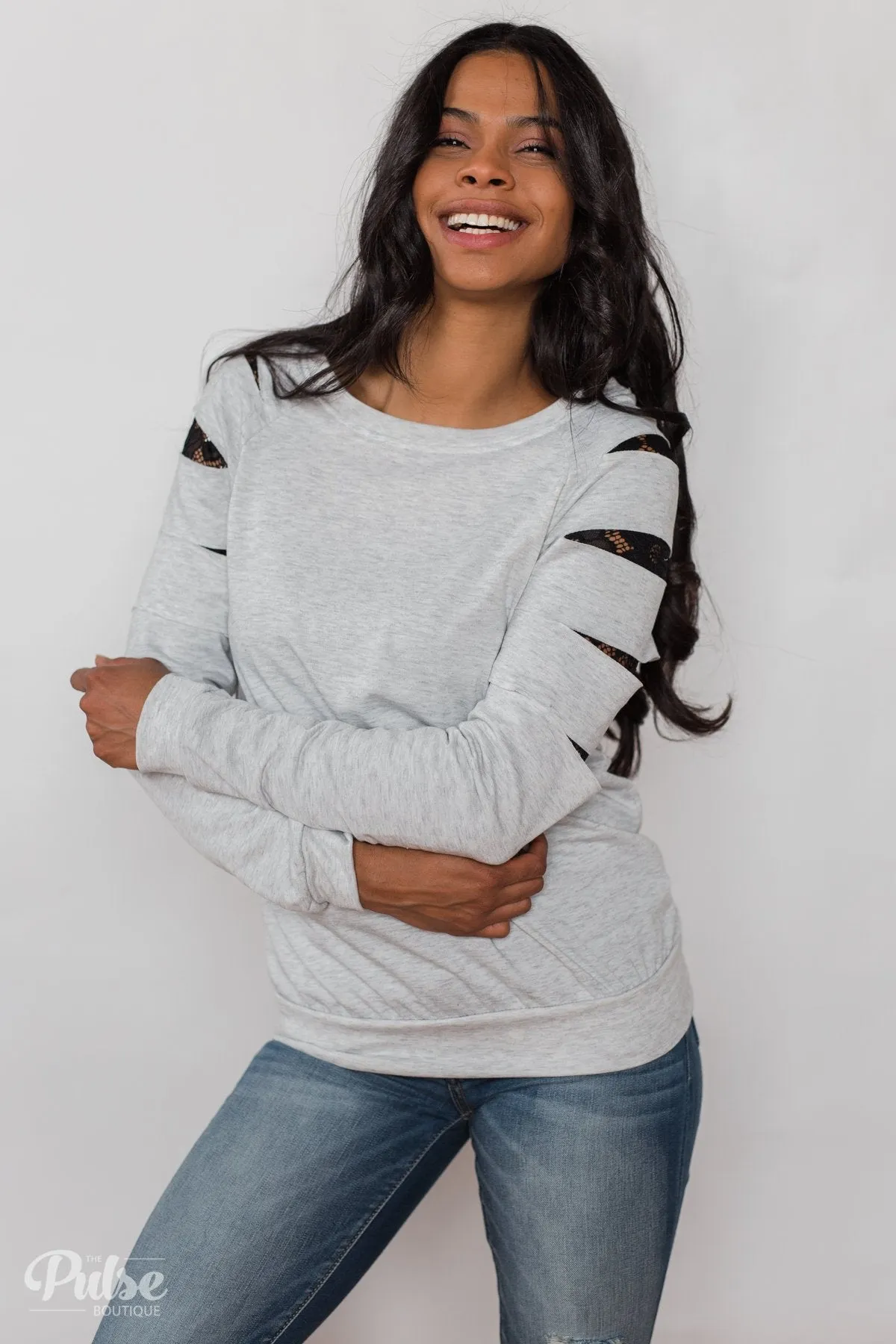 At First Glance Pullover Lace Detail Top- Grey