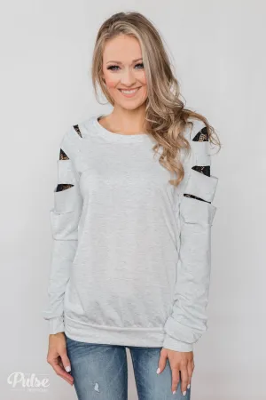 At First Glance Pullover Lace Detail Top- Grey