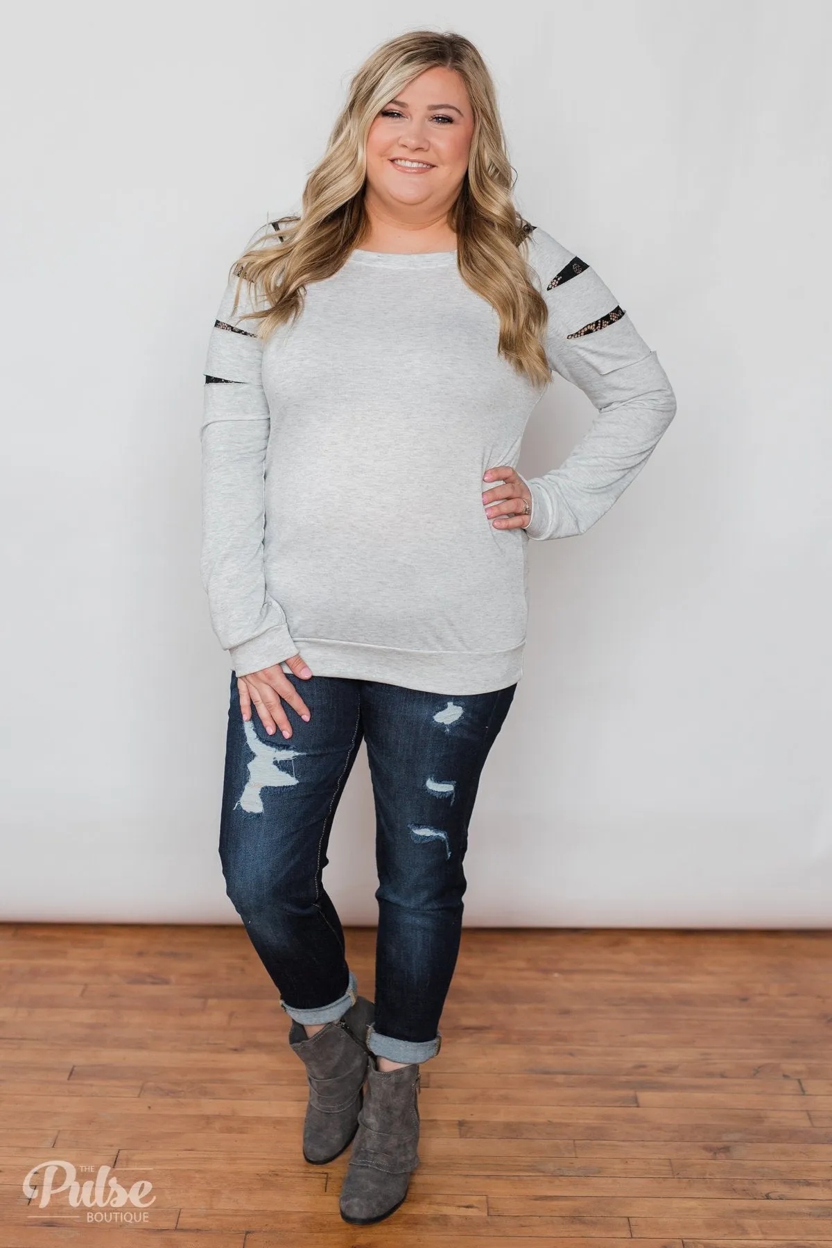 At First Glance Pullover Lace Detail Top- Grey