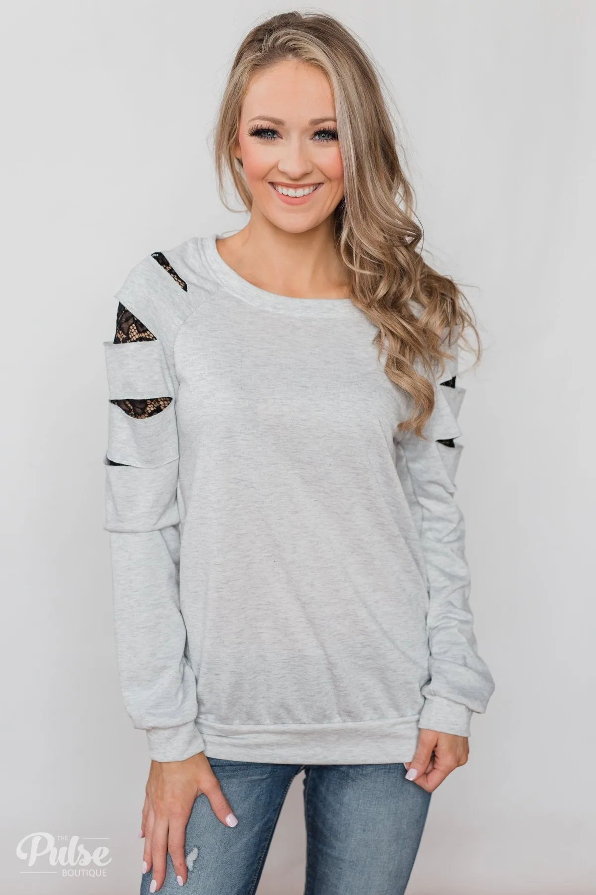 At First Glance Pullover Lace Detail Top- Grey