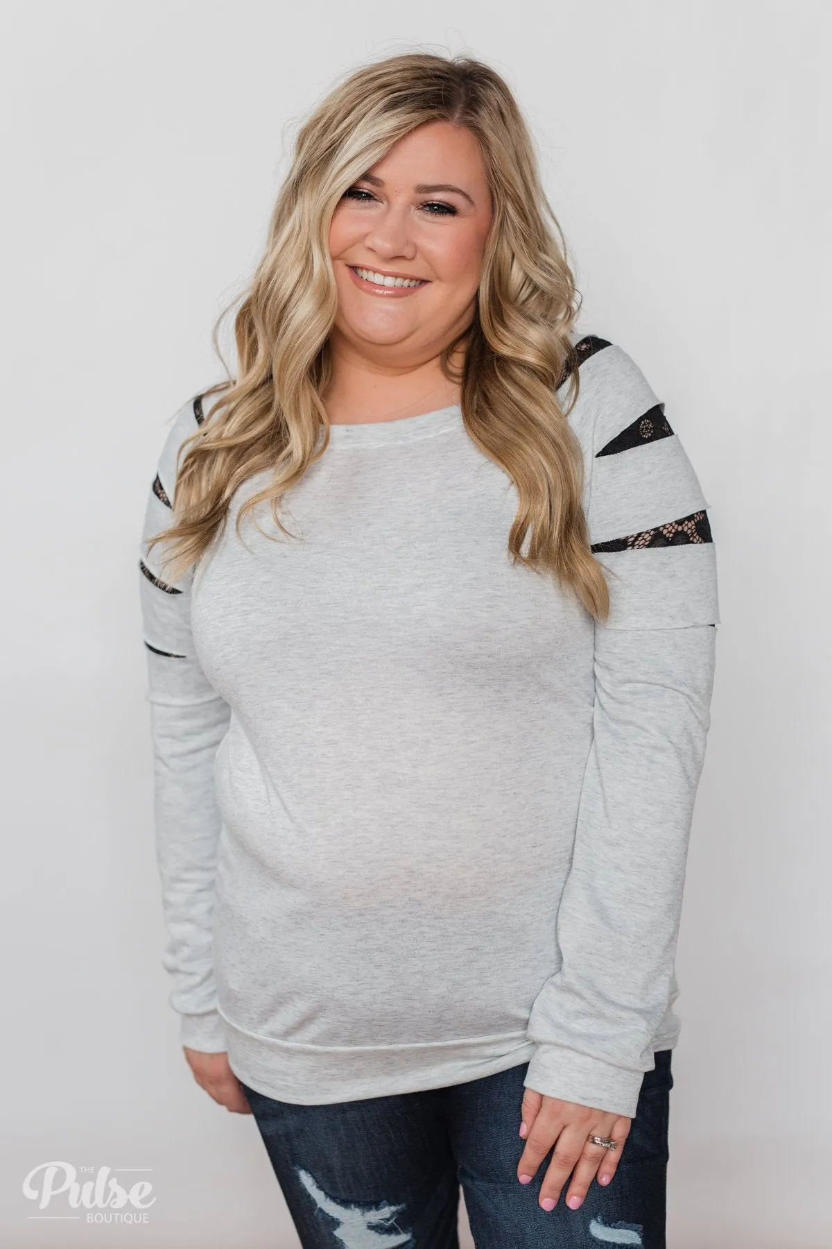 At First Glance Pullover Lace Detail Top- Grey