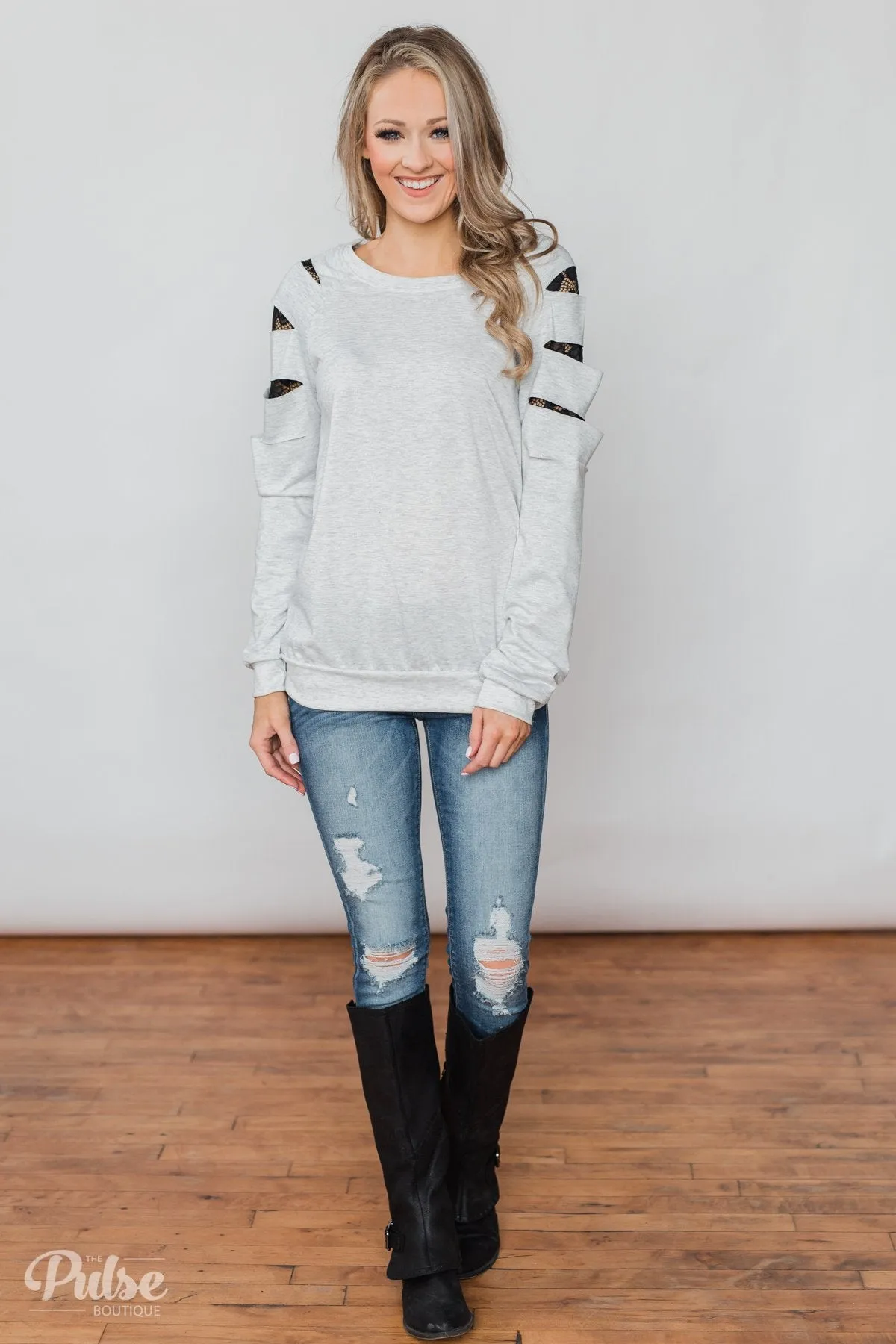 At First Glance Pullover Lace Detail Top- Grey