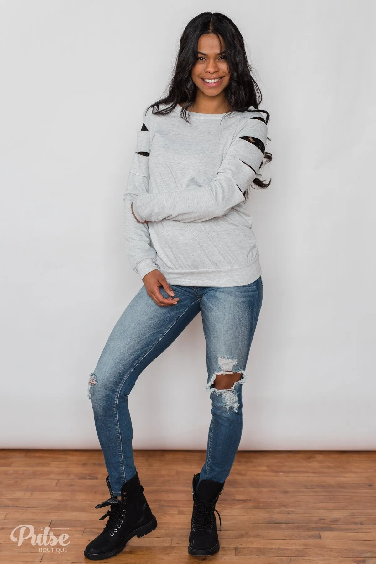 At First Glance Pullover Lace Detail Top- Grey