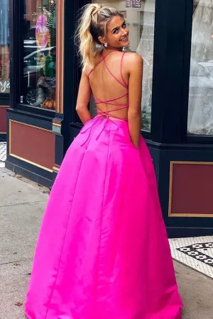 Ball Gown V-neck Cross Back Satin Long Prom Dresses with Pockets, Evening Dresses,MP595