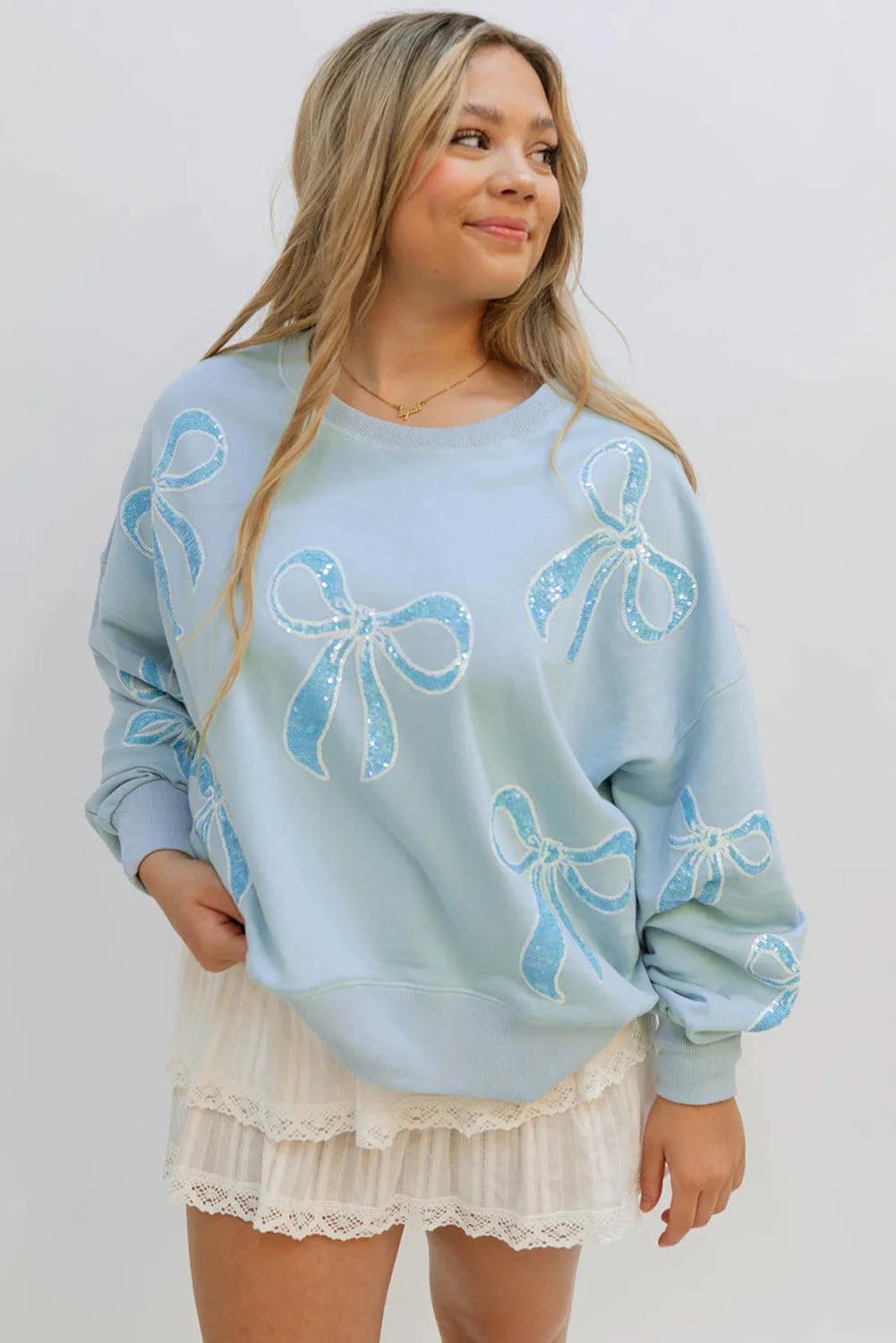Beau Blue Sequined Bowknot Drop Shoulder Oversized Sweatshirt