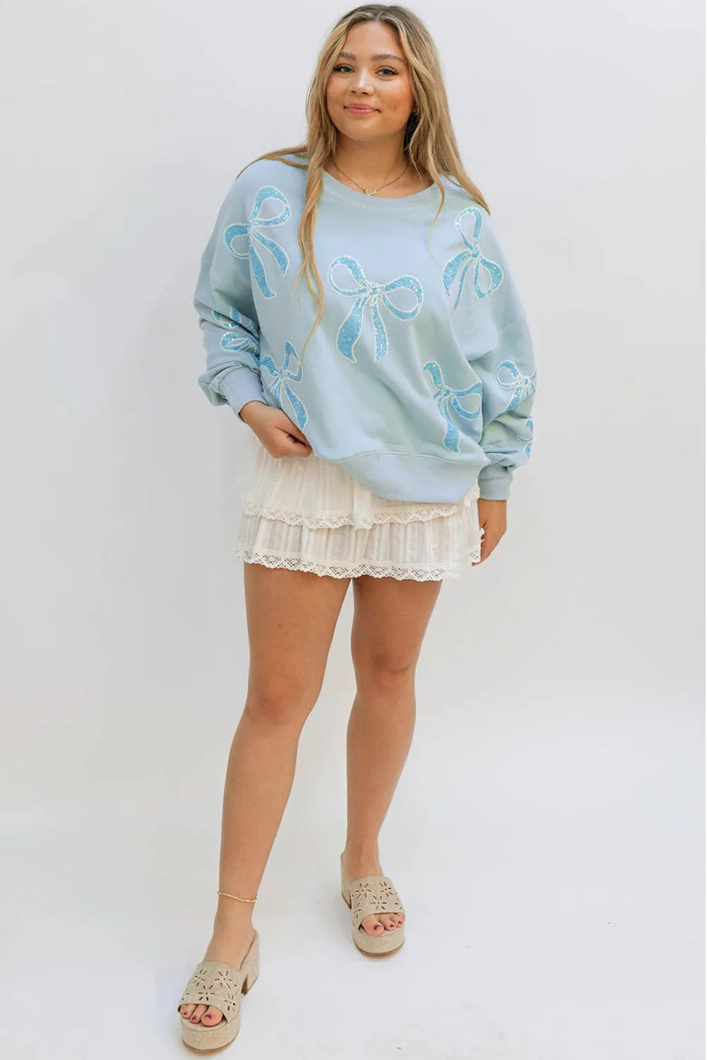 Beau Blue Sequined Bowknot Drop Shoulder Oversized Sweatshirt