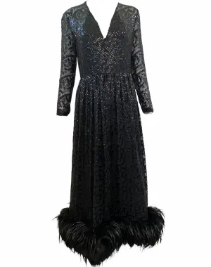 Bill Blass Attribution 70s Black Sequin Gown With Feather Hem