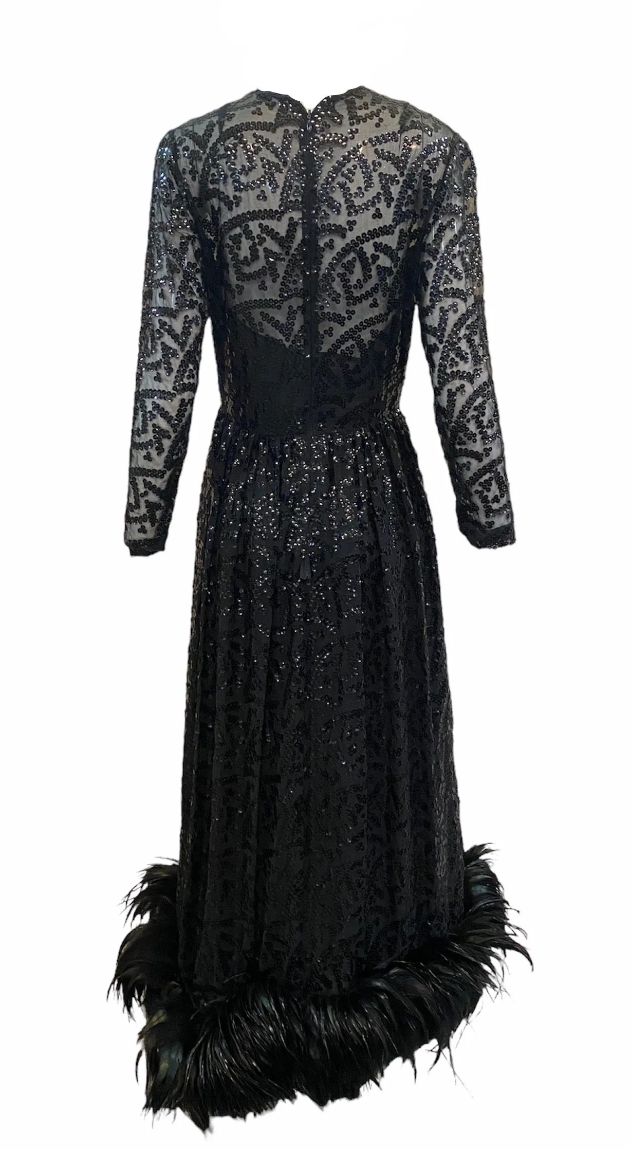 Bill Blass Attribution 70s Black Sequin Gown With Feather Hem