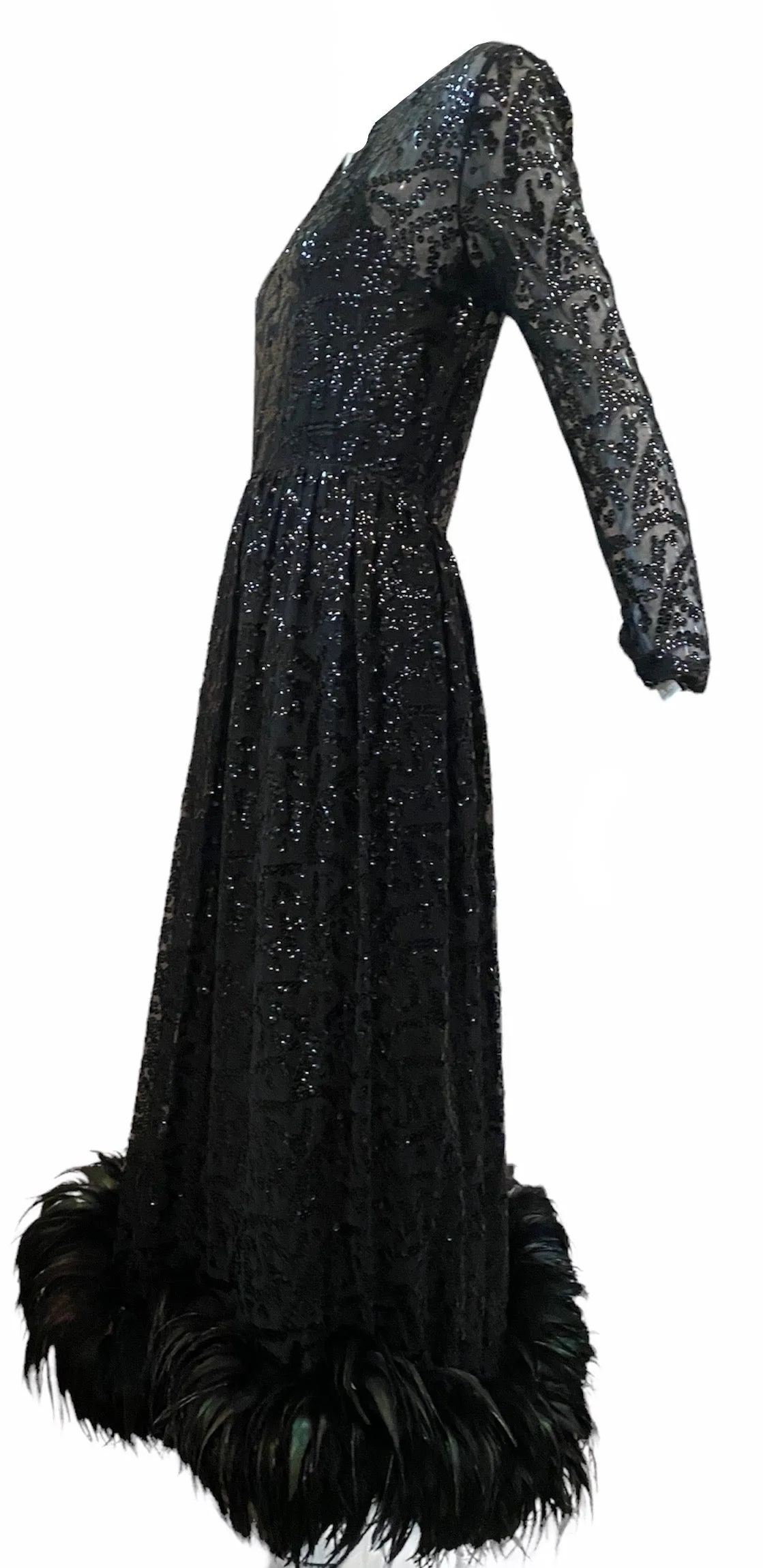 Bill Blass Attribution 70s Black Sequin Gown With Feather Hem
