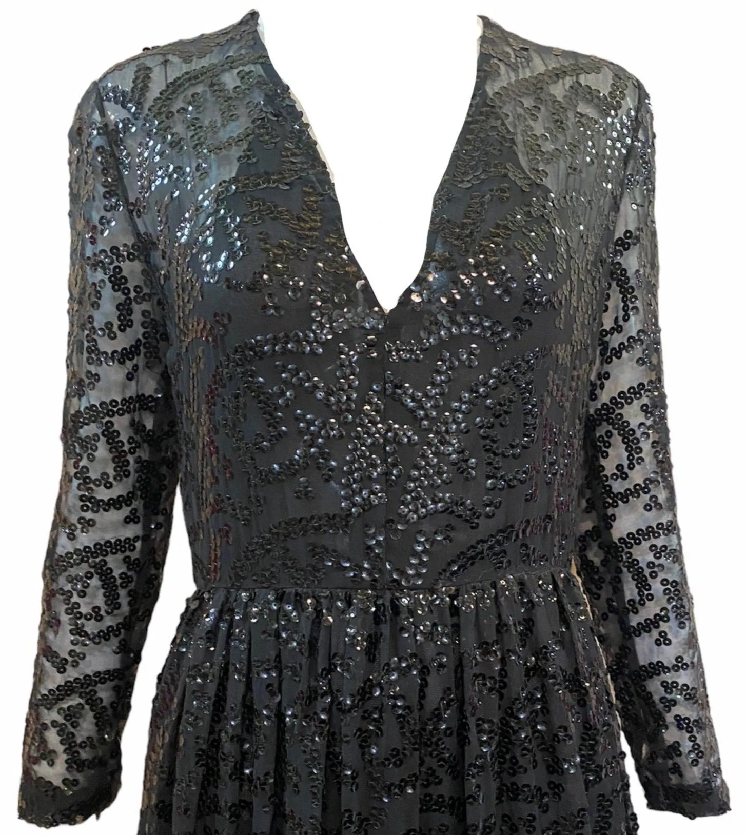 Bill Blass Attribution 70s Black Sequin Gown With Feather Hem