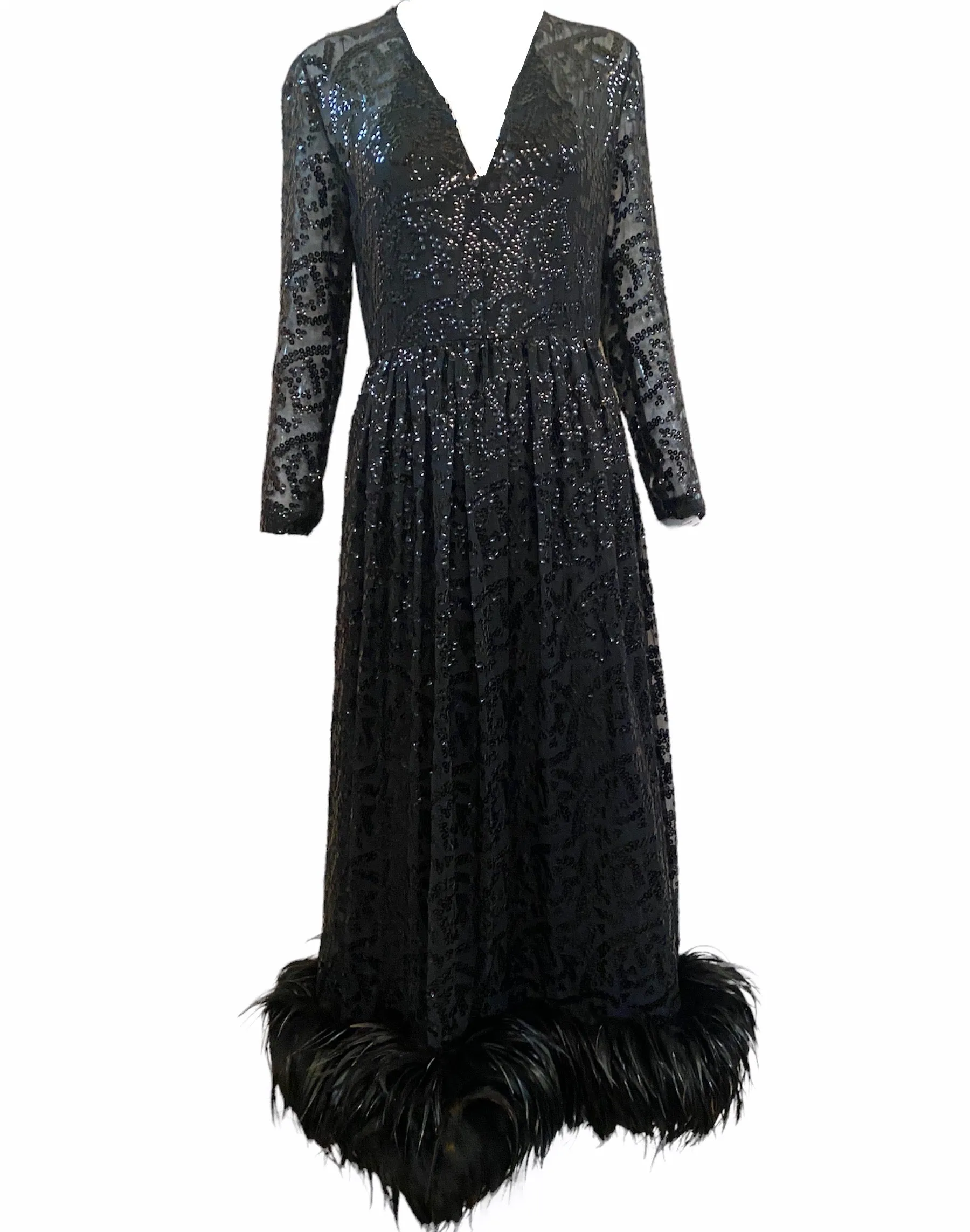 Bill Blass Attribution 70s Black Sequin Gown With Feather Hem