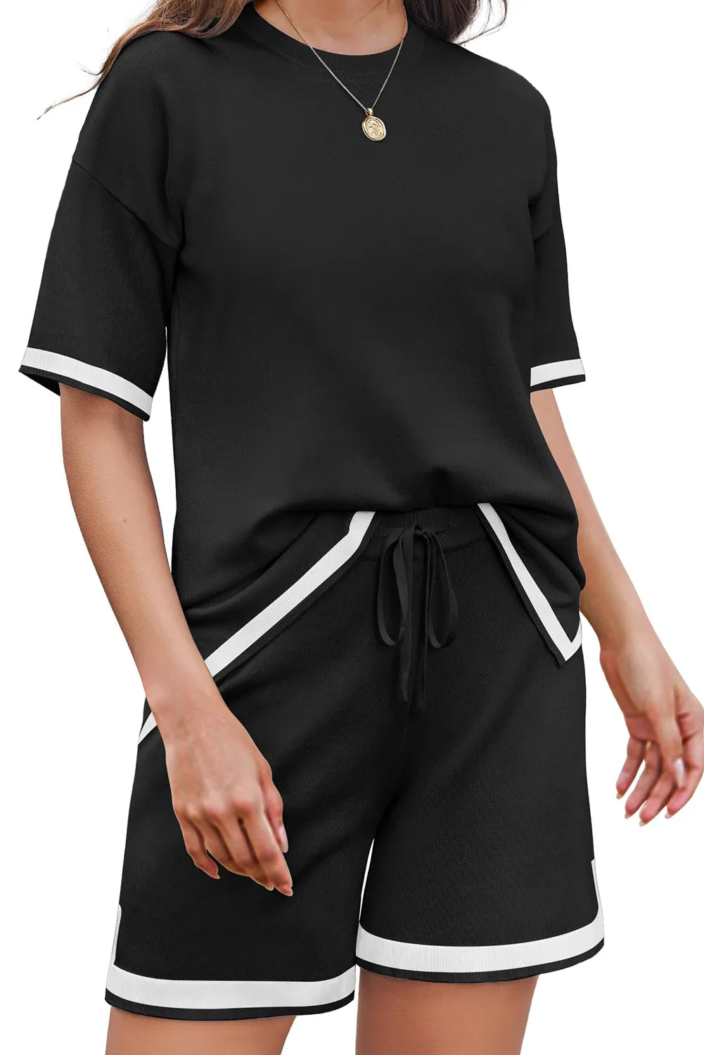 Black Color Block Knitted Crewneck T Shirt and Lace-up Shorts Set