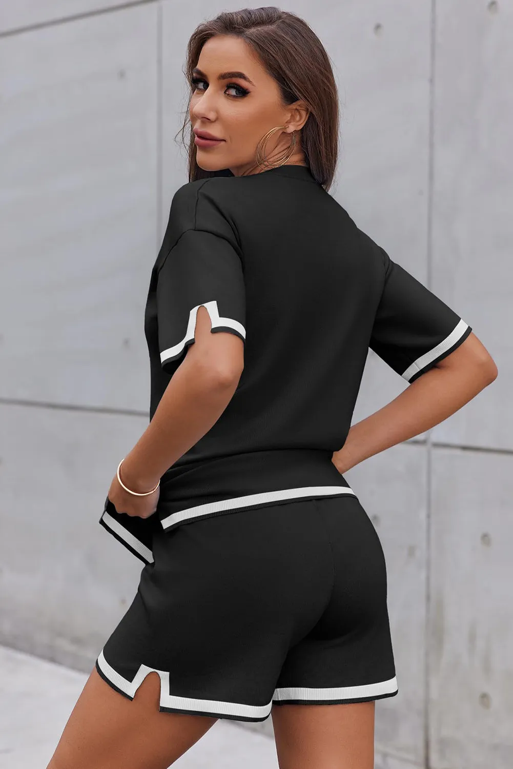 Black Color Block Knitted Crewneck T Shirt and Lace-up Shorts Set
