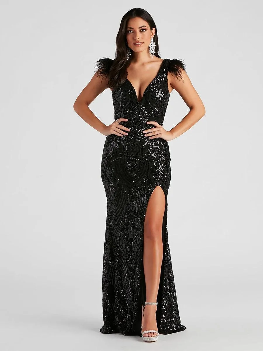 Black Feather Sequin Backless Prom Dress MYC1026