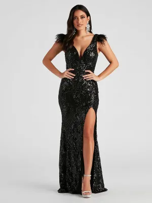 Black Feather Sequin Backless Prom Dress MYC1026