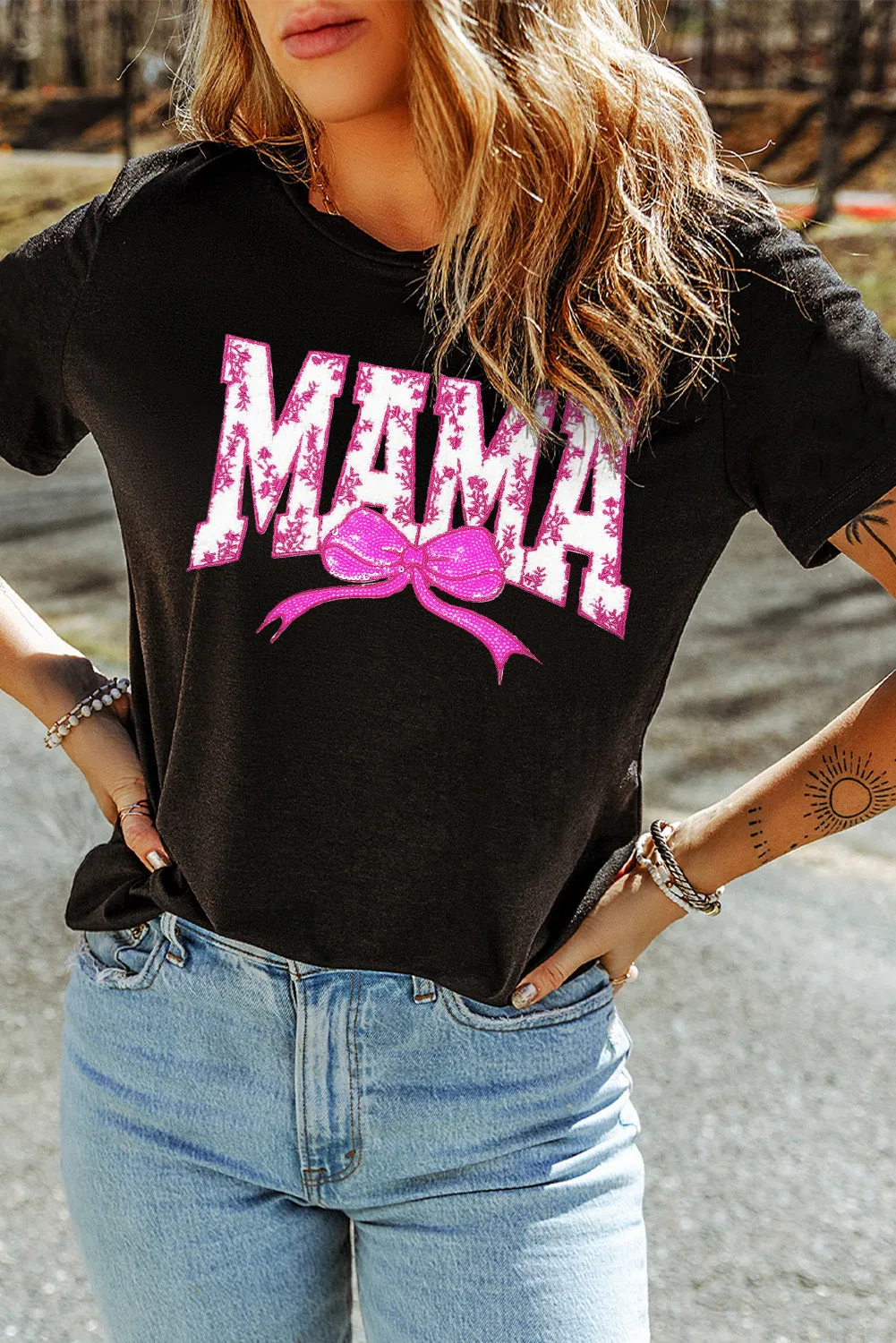 Black Floral MAMA Bow Graphic Crewneck T Shirt