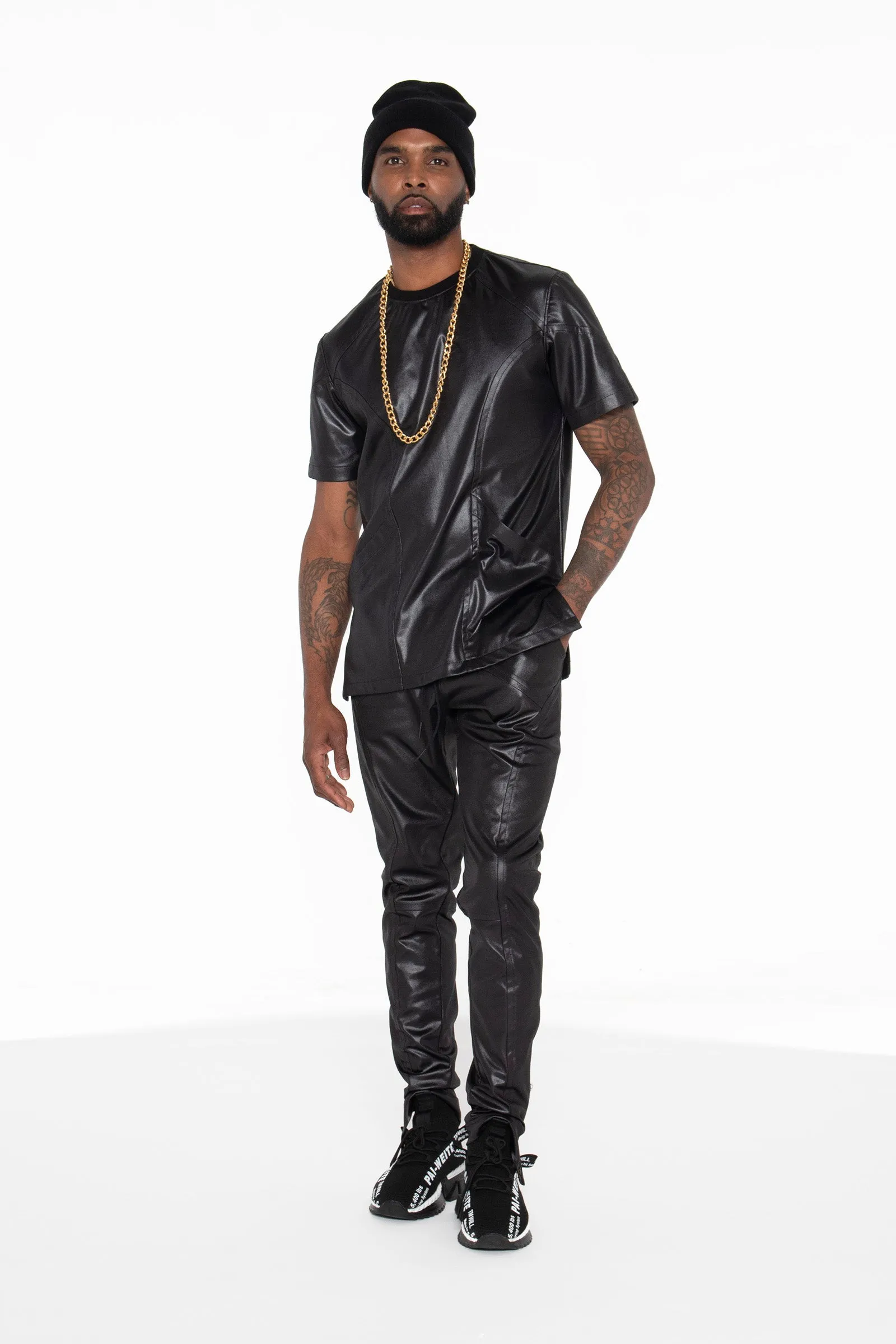 Black Illusion Leather Moto Joggers w/ Ankle Zip