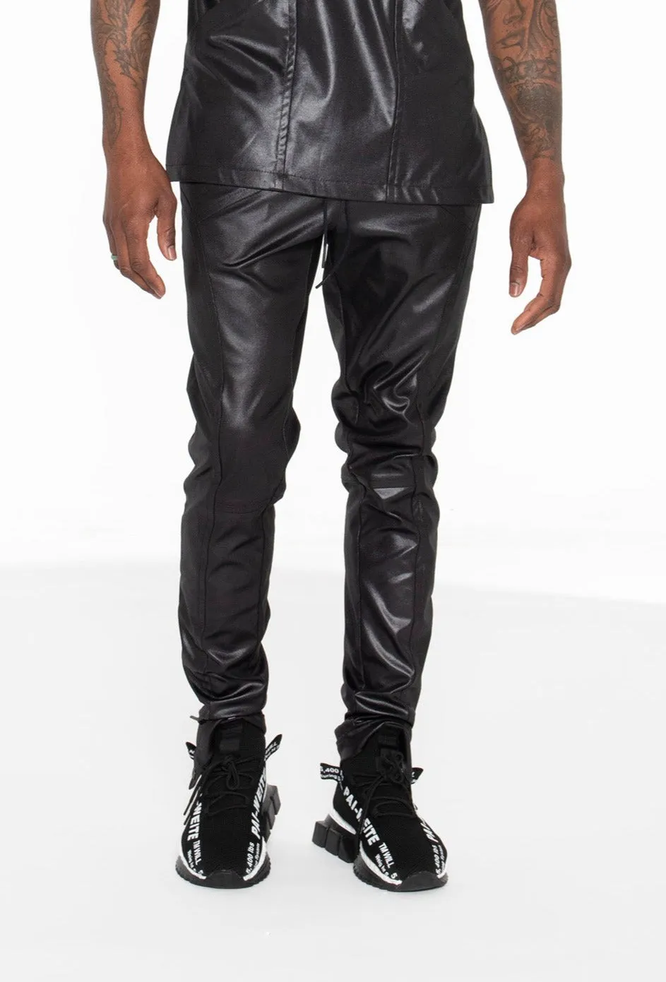 Black Illusion Leather Moto Joggers w/ Ankle Zip