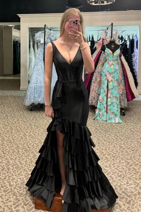 Black Mermaid V-neck Split Long Prom Dresses With Ruffle, Party Dress, MP992