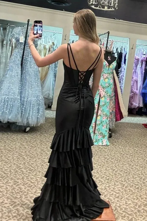 Black Mermaid V-neck Split Long Prom Dresses With Ruffle, Party Dress, MP992