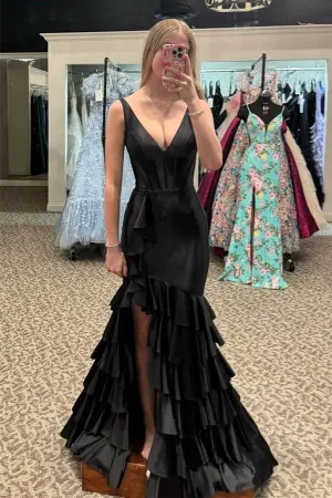 Black Mermaid V-neck Split Long Prom Dresses With Ruffle, Party Dress, MP992