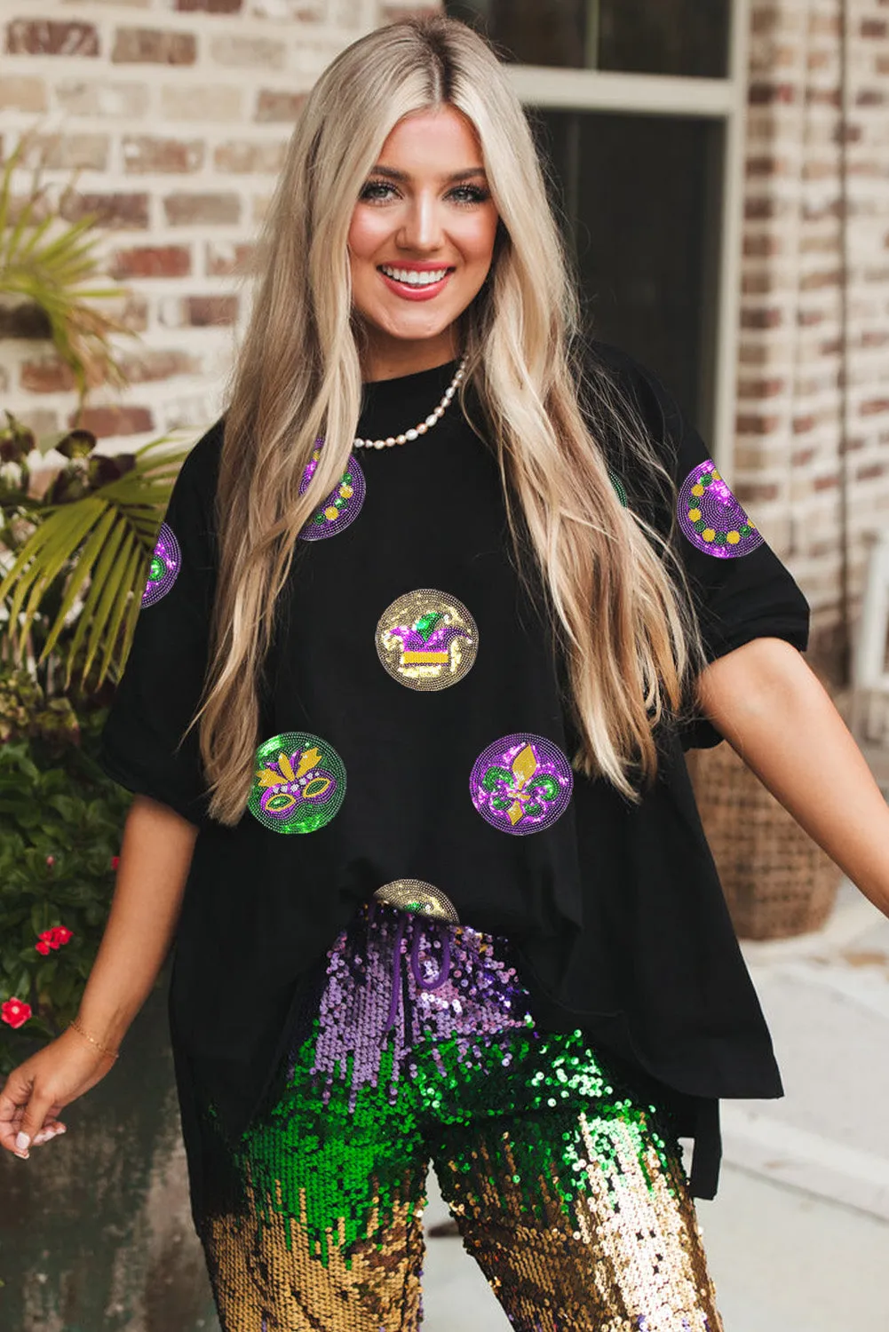 Black Sequined Mardi Gras Side Slits Oversized Graphic Tee