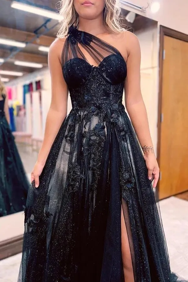 Black Tulle One Shoulder Side Slit Long Prom Dresses With 3D Flowers, MP848