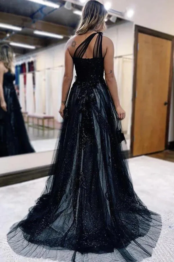 Black Tulle One Shoulder Side Slit Long Prom Dresses With 3D Flowers, MP848