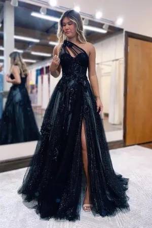 Black Tulle One Shoulder Side Slit Long Prom Dresses With 3D Flowers, MP848