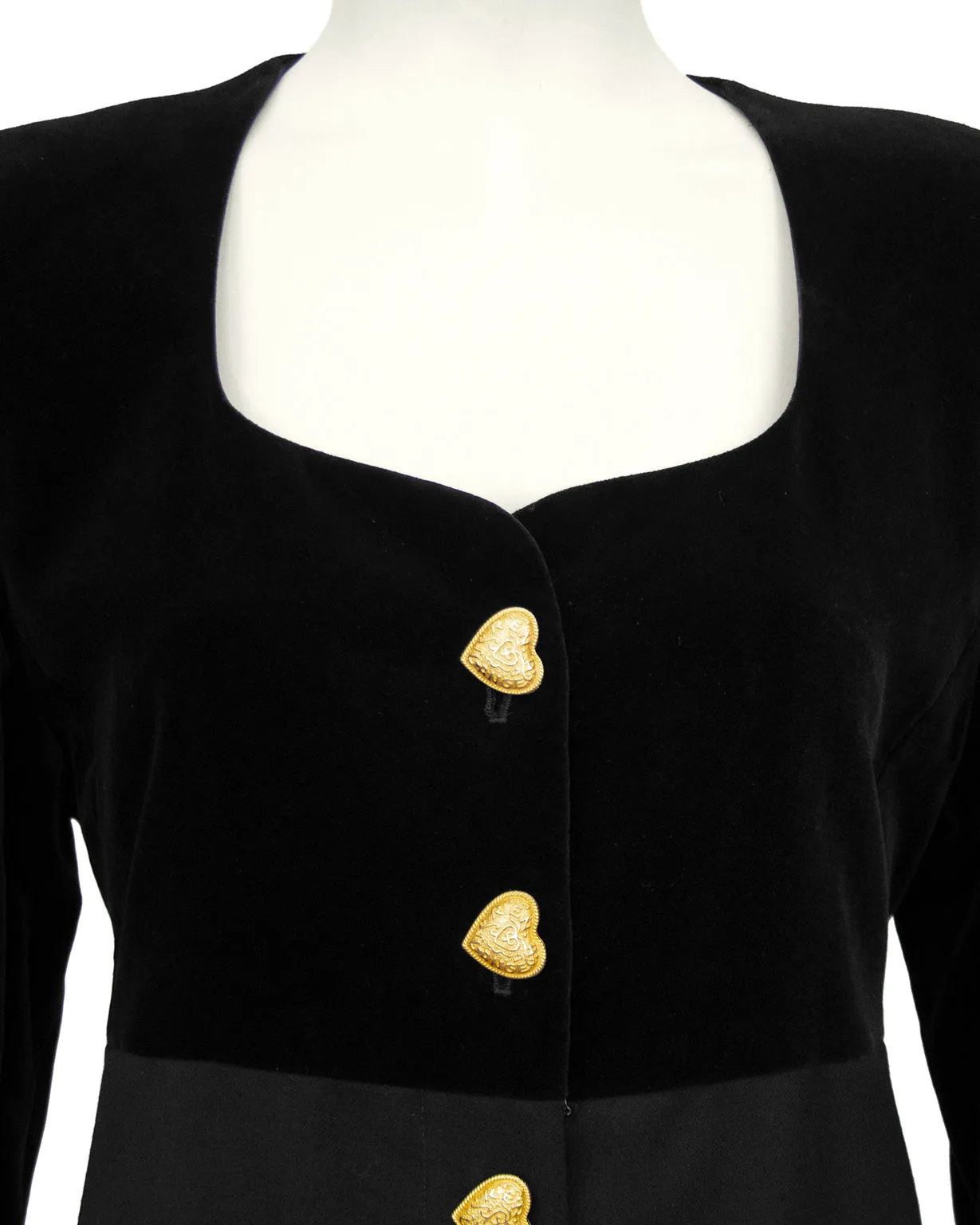 Black Velvet and Wool Dress with Gold Heart Buttons