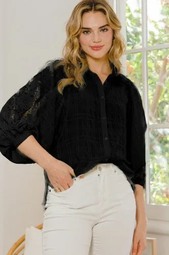 Black Woven Shirt with Lace Sleeve Detail