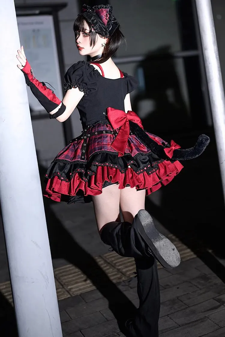 Black/Red Print Ruffle Lace-Up Gothic Japanese Princess Lolita Skirt Set