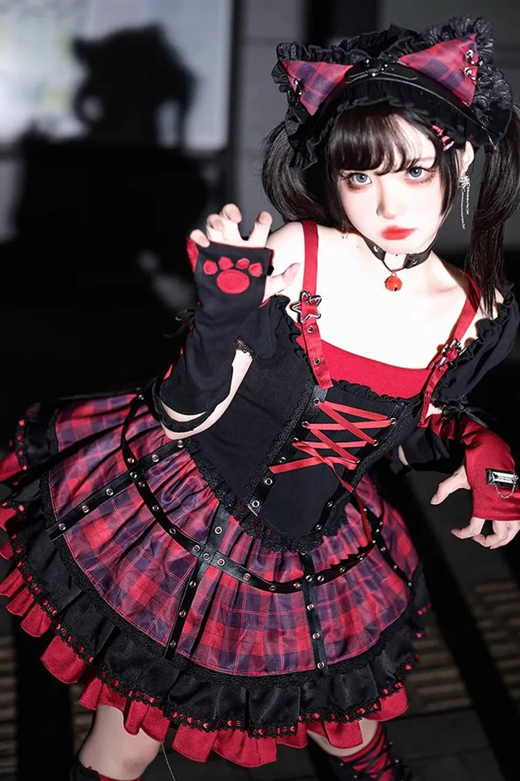 Black/Red Print Ruffle Lace-Up Gothic Japanese Princess Lolita Skirt Set