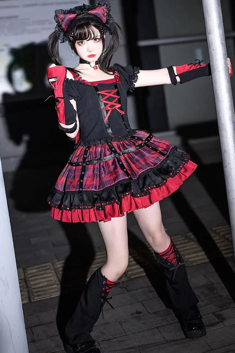 Black/Red Print Ruffle Lace-Up Gothic Japanese Princess Lolita Skirt Set