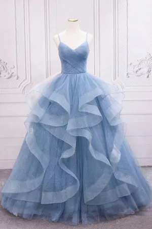 Blue Tulle A-line V-neck Sequins Sparkly Prom Dresses, Long Formal Dresses, MP711