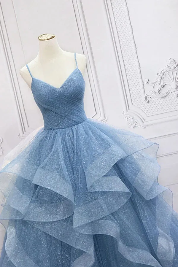 Blue Tulle A-line V-neck Sequins Sparkly Prom Dresses, Long Formal Dresses, MP711
