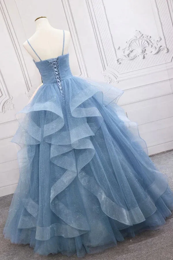 Blue Tulle A-line V-neck Sequins Sparkly Prom Dresses, Long Formal Dresses, MP711