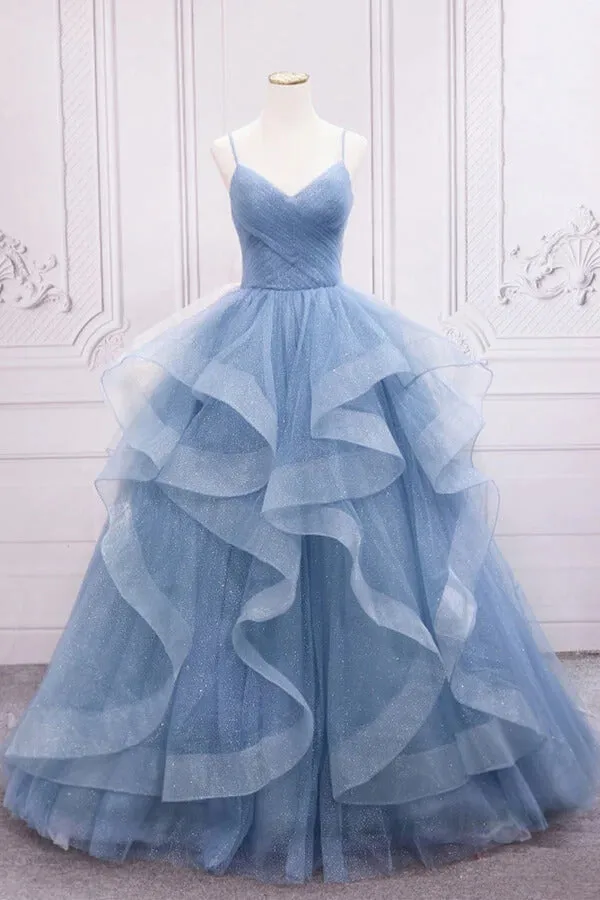 Blue Tulle A-line V-neck Sequins Sparkly Prom Dresses, Long Formal Dresses, MP711
