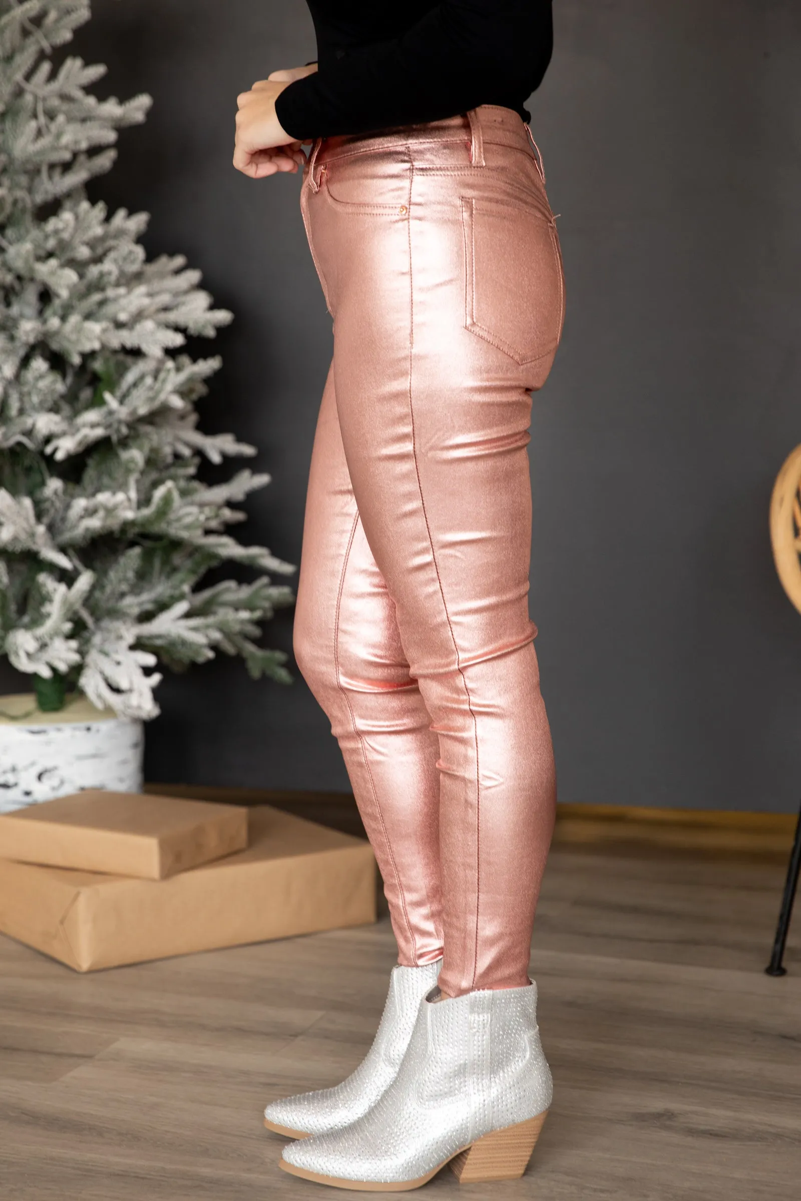 Blush Metallic Coated Skinny Pants