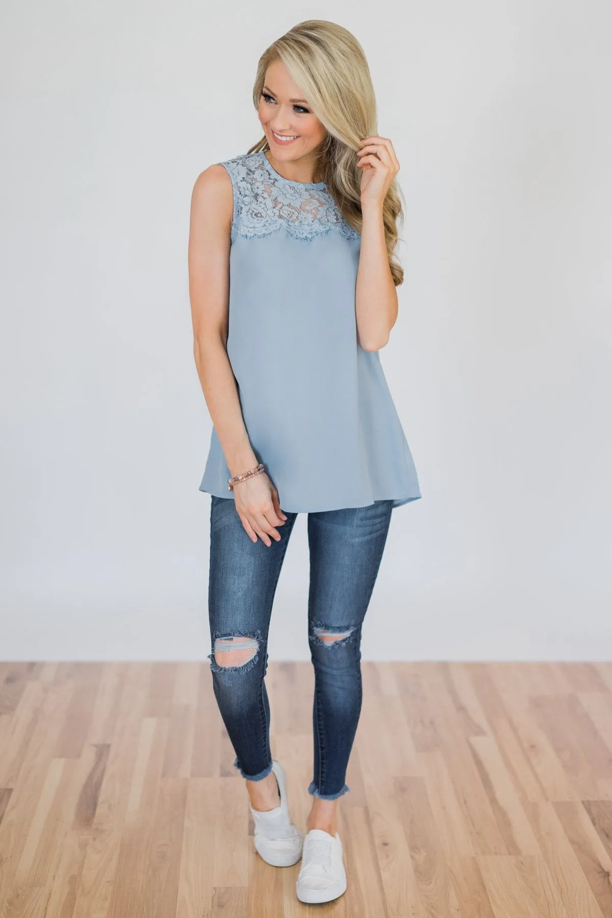 Breathtaking in Lace Tank Top- Baby Blue