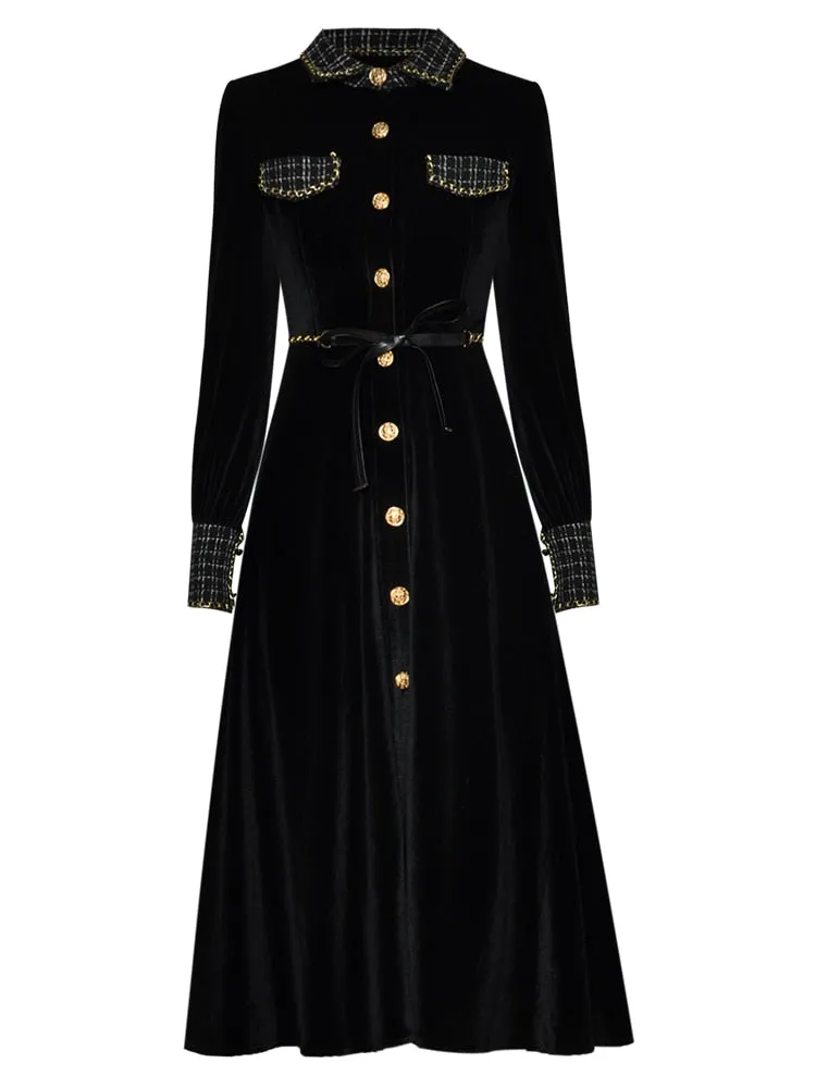 Brinley turn-down collar Long sleeve Single-breasted lace-up Velvet Keep warm Black Dress