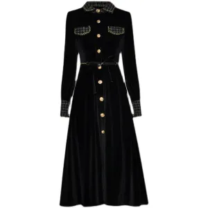 Brinley turn-down collar Long sleeve Single-breasted lace-up Velvet Keep warm Black Dress