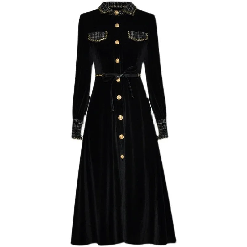 Brinley turn-down collar Long sleeve Single-breasted lace-up Velvet Keep warm Black Dress
