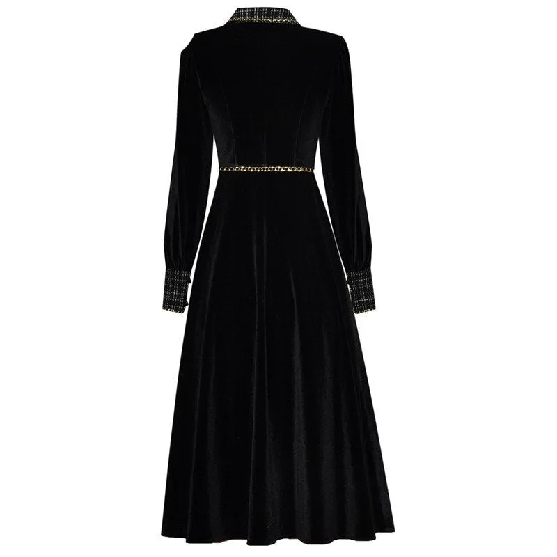 Brinley turn-down collar Long sleeve Single-breasted lace-up Velvet Keep warm Black Dress