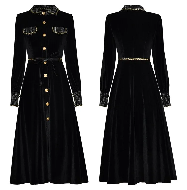 Brinley turn-down collar Long sleeve Single-breasted lace-up Velvet Keep warm Black Dress