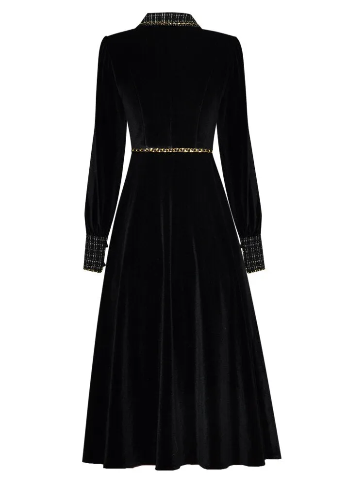 Brinley turn-down collar Long sleeve Single-breasted lace-up Velvet Keep warm Black Dress