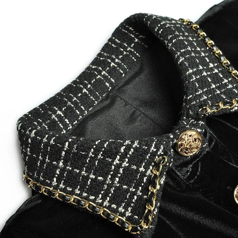 Brinley turn-down collar Long sleeve Single-breasted lace-up Velvet Keep warm Black Dress