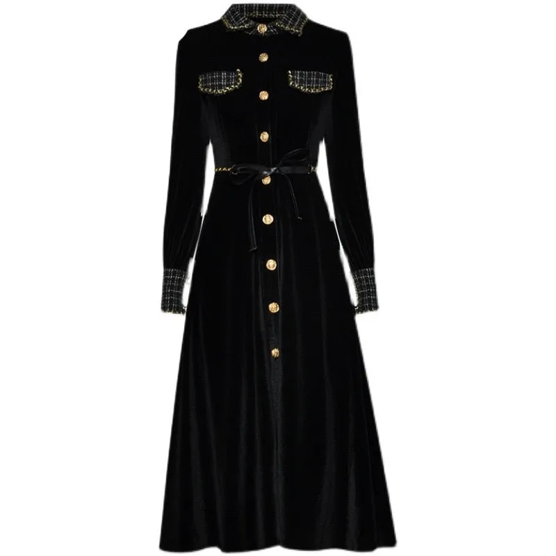 Brinley turn-down collar Long sleeve Single-breasted lace-up Velvet Keep warm Black Dress