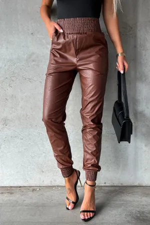 Brown Smocked High-Waist Leather Skinny Pants